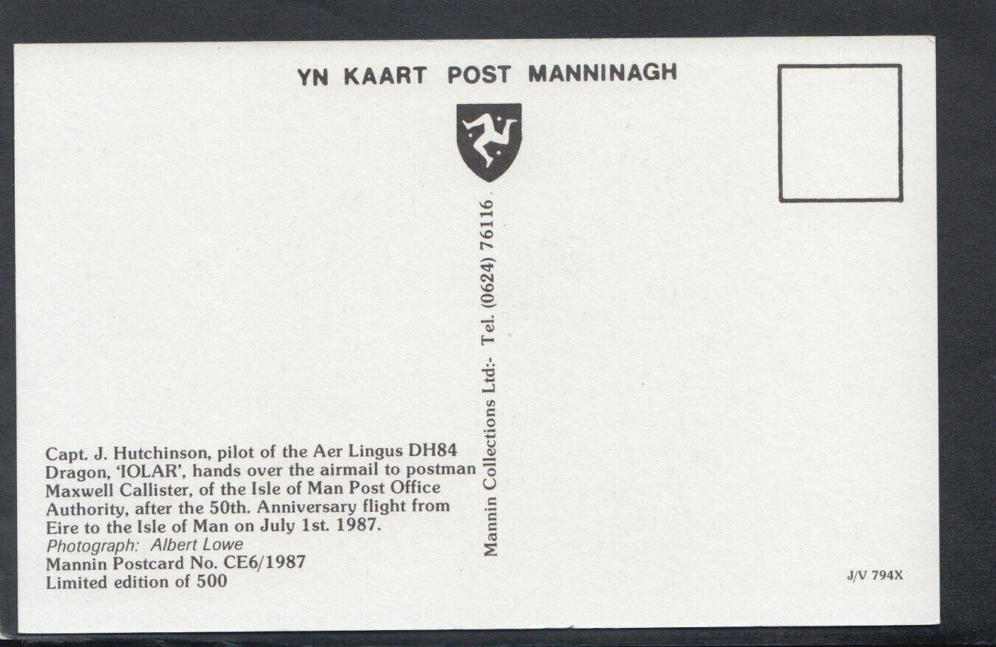 Isle of Man Postcard - 50th Anniversary of The First Airmail Flight RS18634