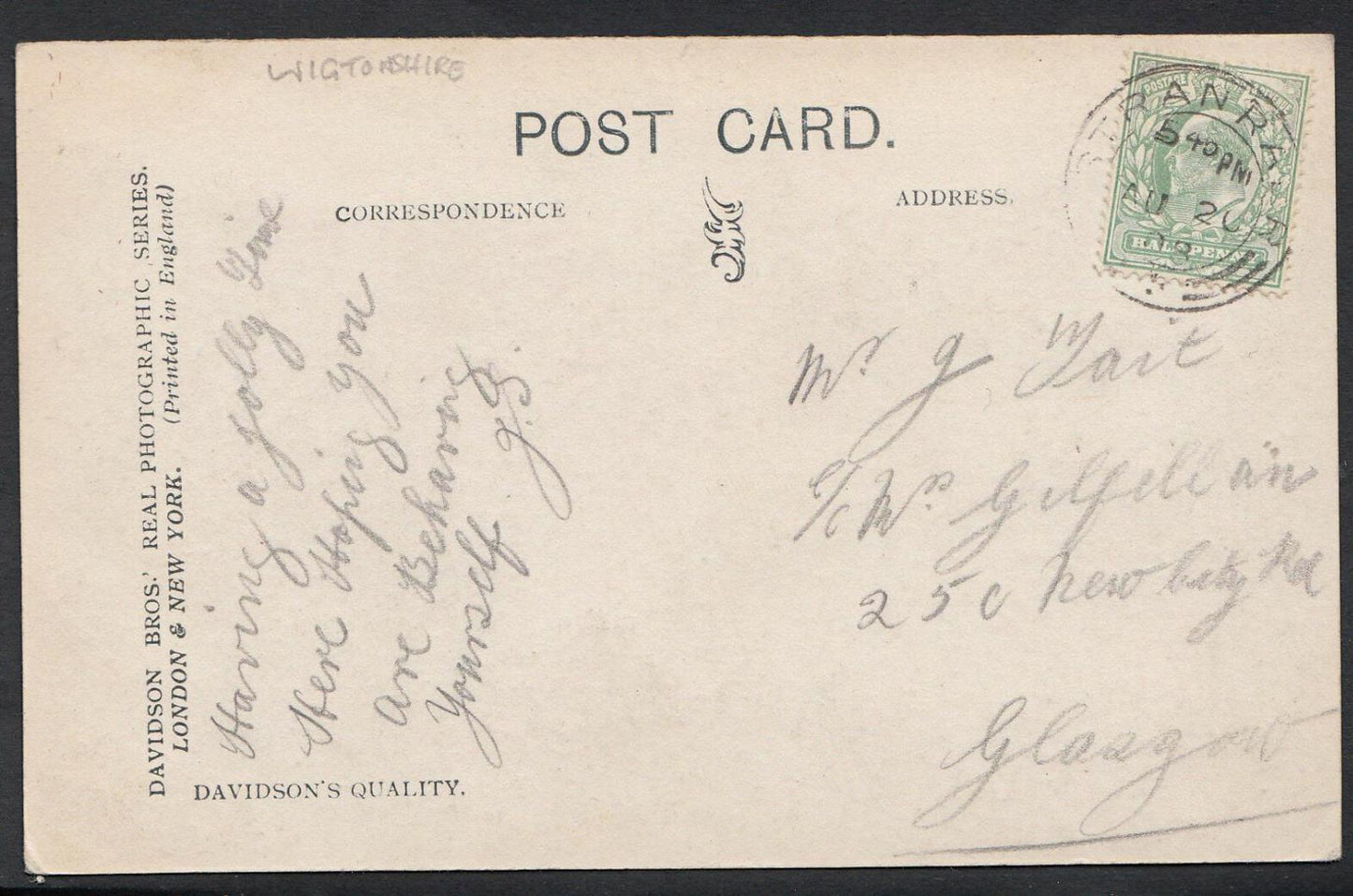 Wigtownshire Postcard: George Street Stranraer Town View 1900s RPPC BH2124