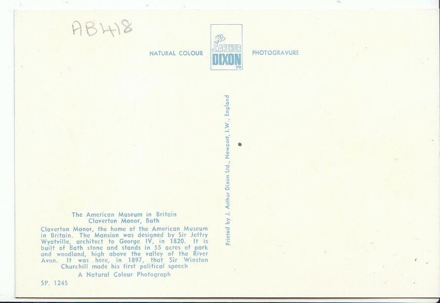 Museum Postcard - The American Museum - Cleverton Manor, Bath AB418