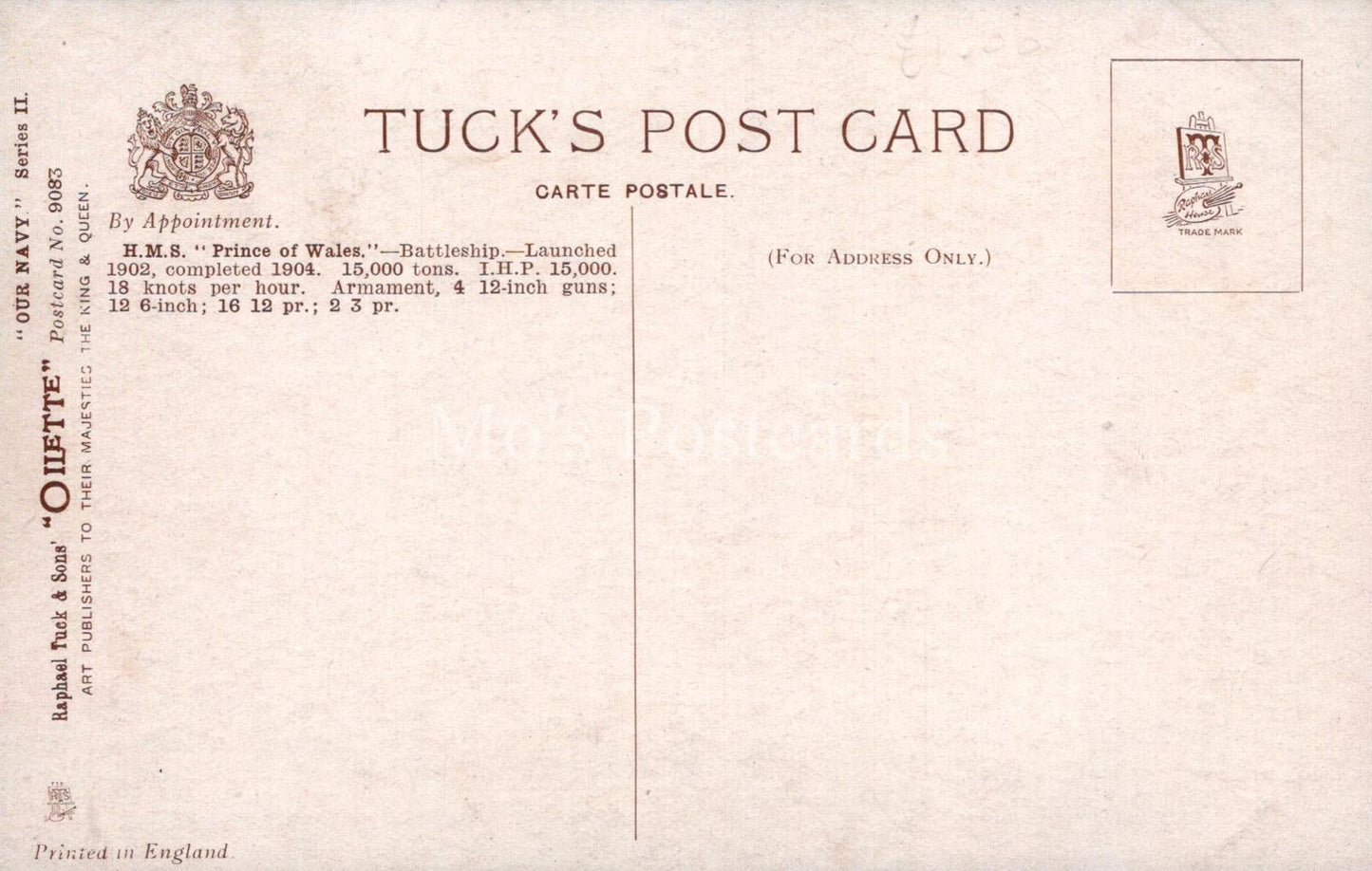Naval History Postcard - H.M.S Prince of Wales Battleship, Tuck Oilette XT87