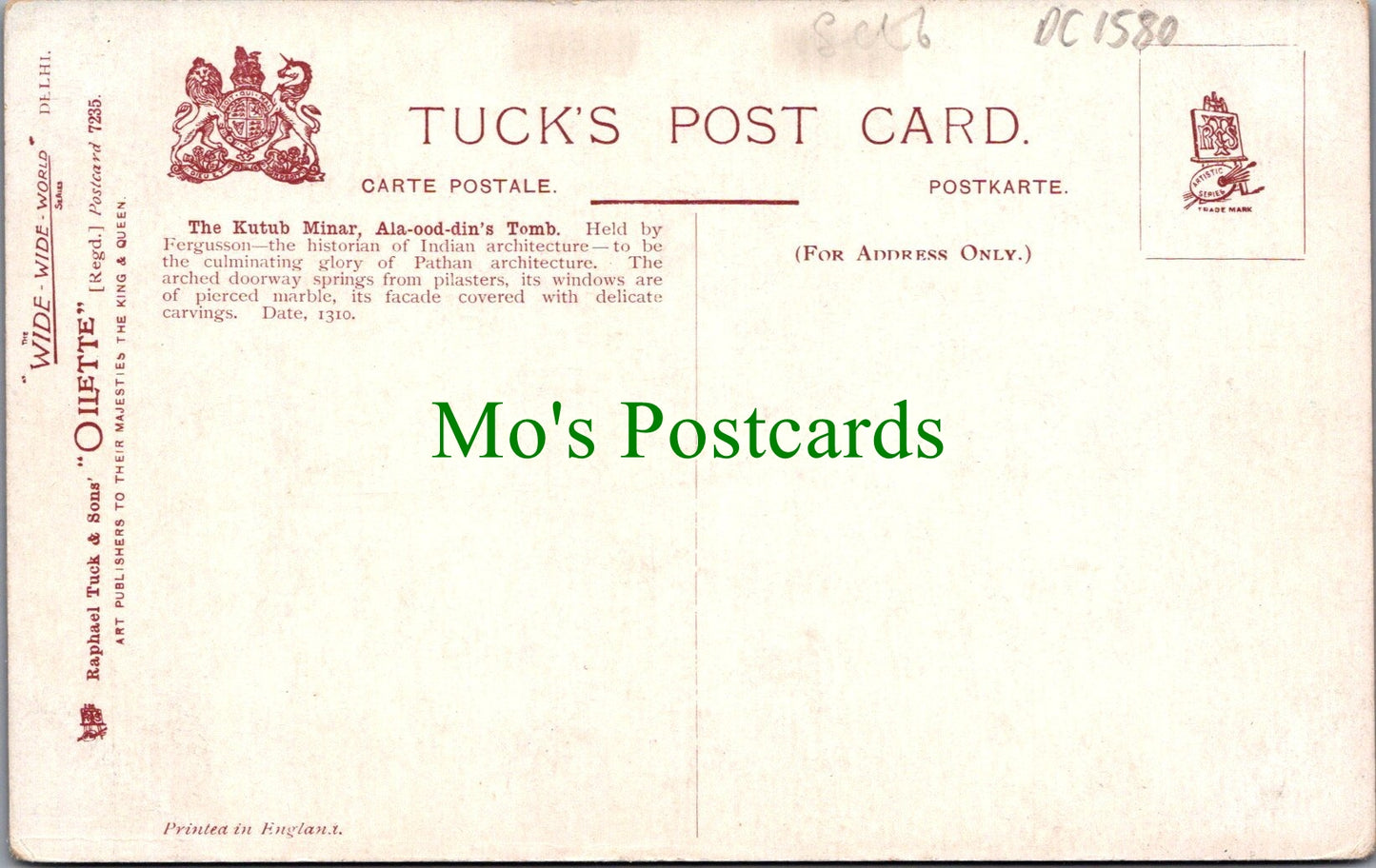 India Postcard - Delhi, The Kutub Minar, Ala-ood-din's Tomb DC1580