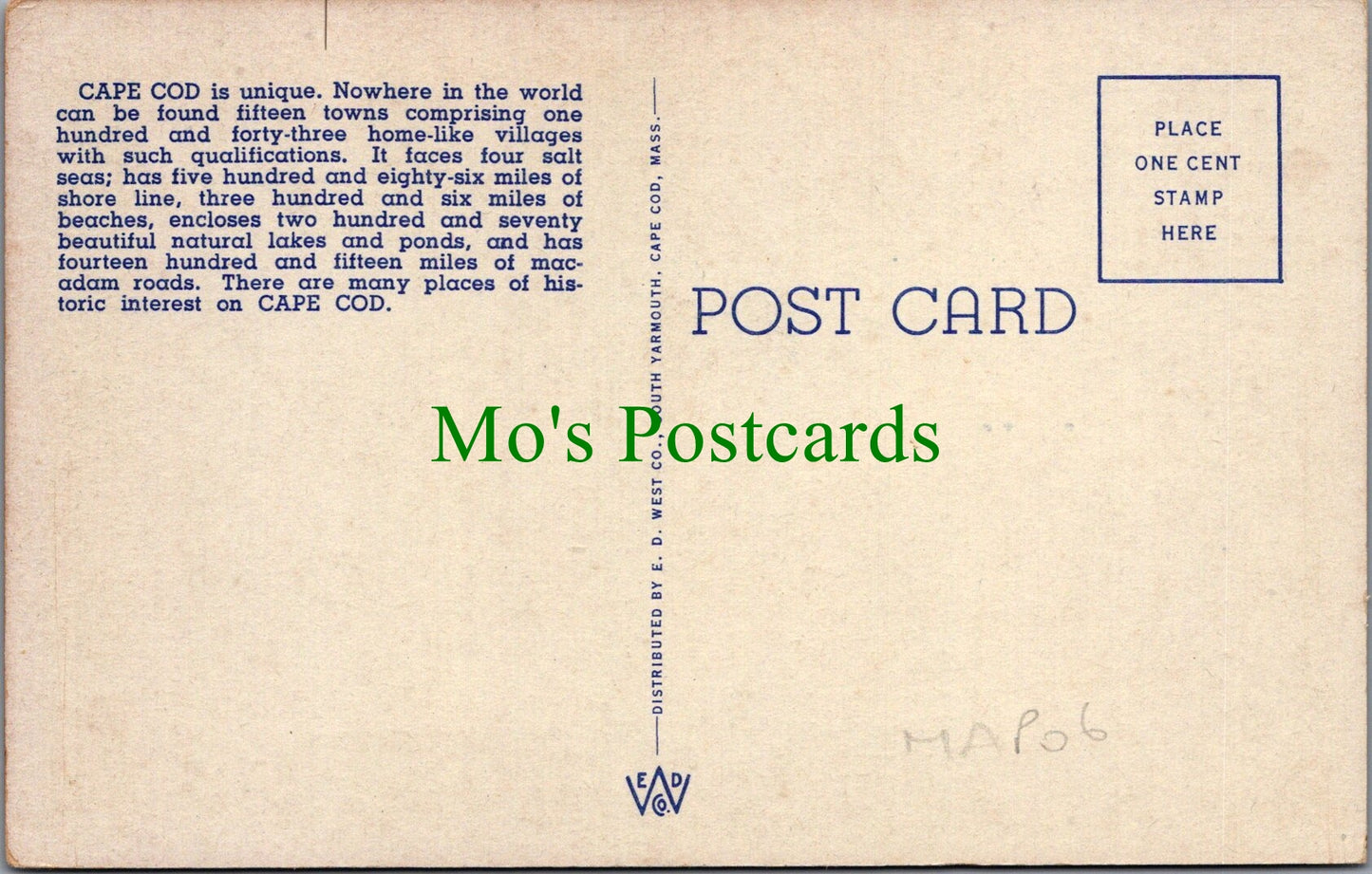 America Postcard - Auto Map Cape Cod and The Pilgrimland SW13182