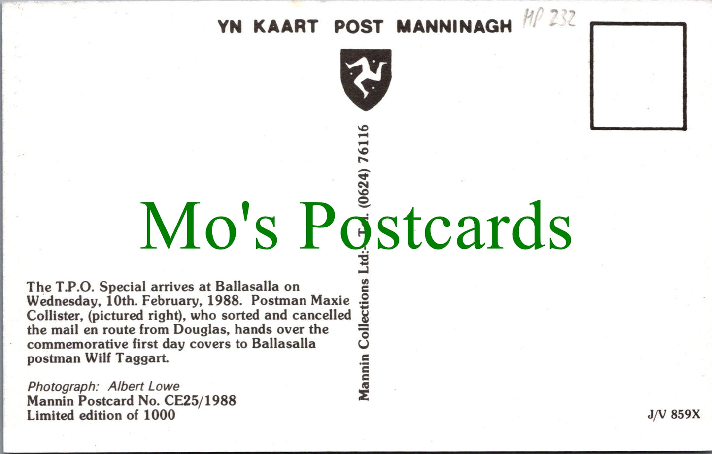 Isle of Man Postcard - IOM Post Office Authority T.P.O. Special HP232