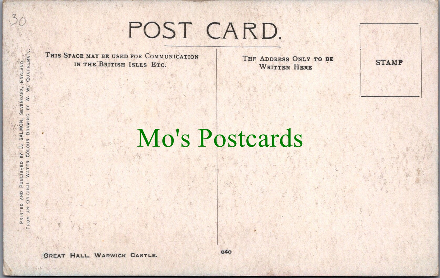 Warwickshire Postcard - Warwick Castle, The Great Hall SW10967
