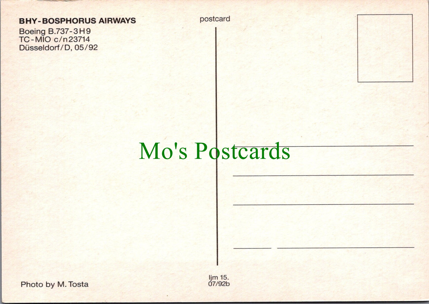Aviation Postcard - BHY-Bosphorus Airways Boeing B.737 Aeroplane SW11488