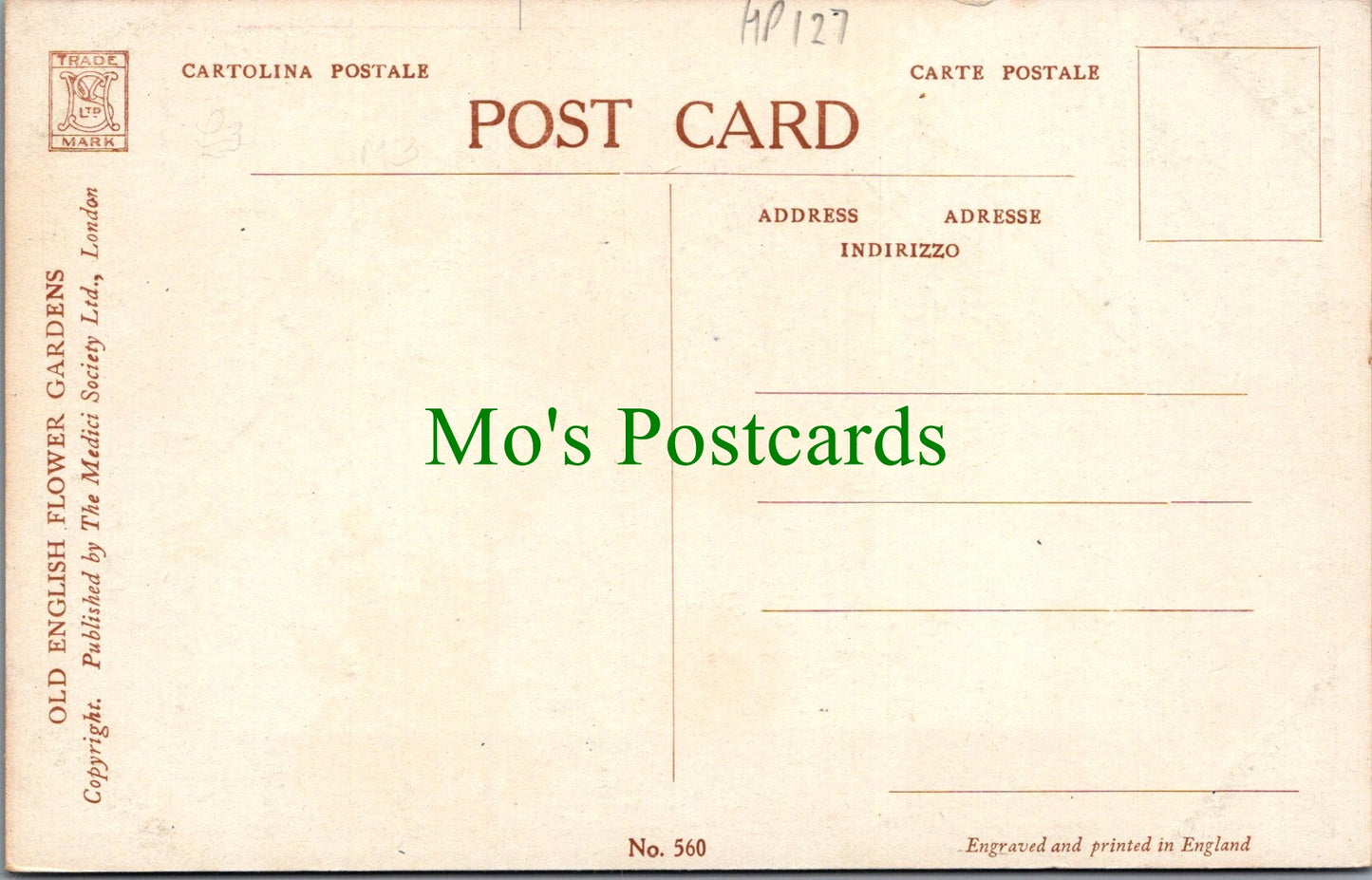 Oxfordshire Postcard - An Oxfordshire Garden, Artist Flora Pilkington HP127