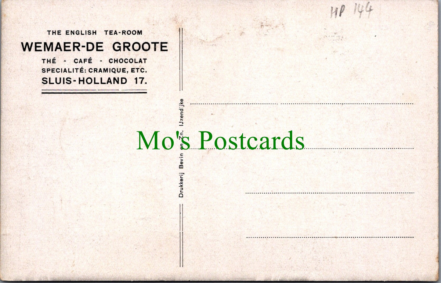Netherlands Postcard - English Tea Room, Wemaer-De Groote, Sluis-Holland HP144