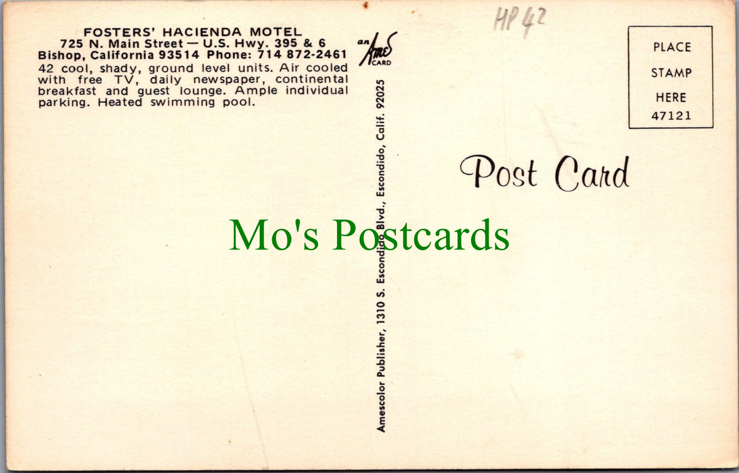 America Postcard - Fosters' Hacienda Motel, California HP42