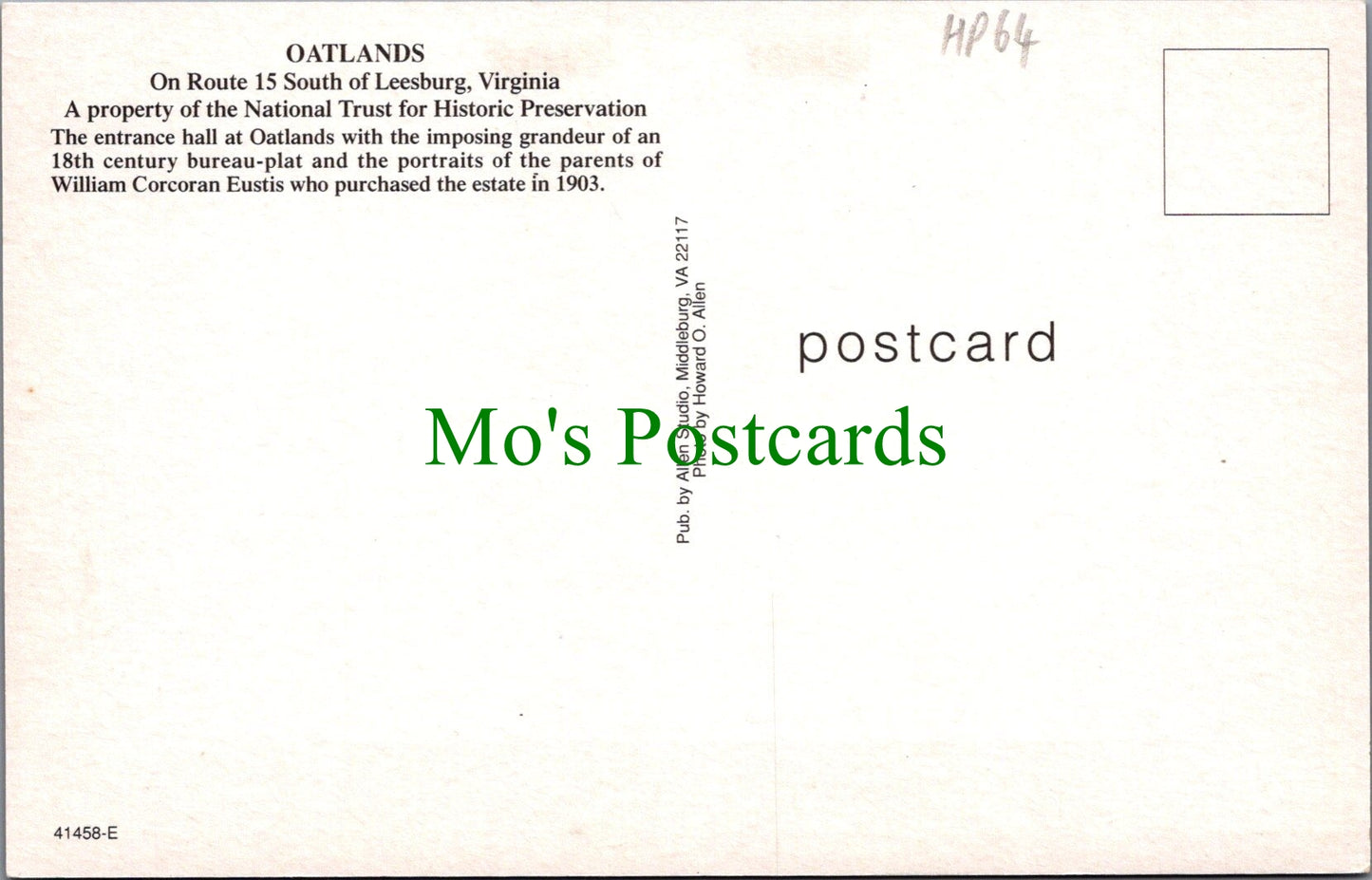 America Postcard - Oatlands, South of Leesburg, Virginia HP64