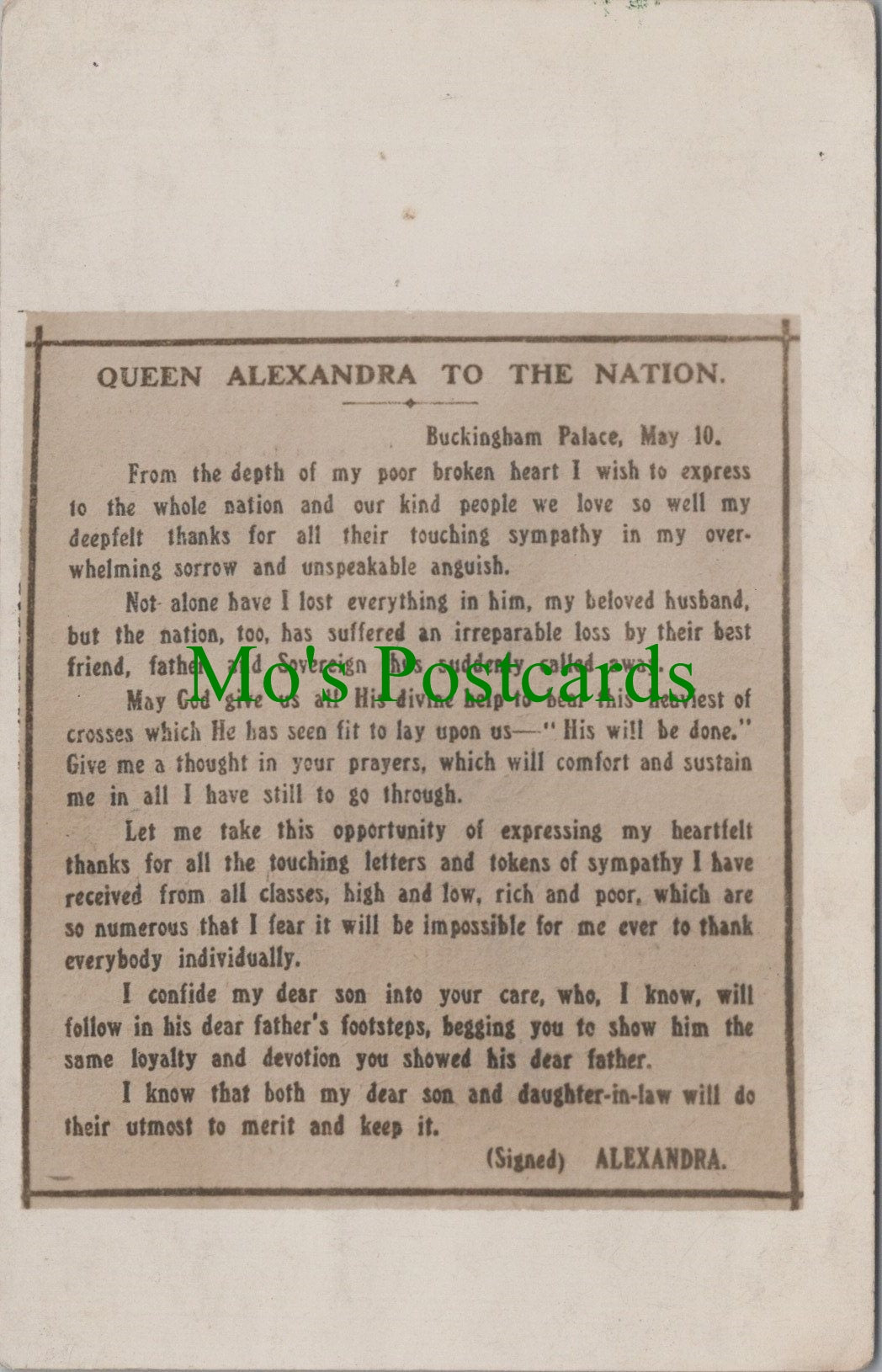 Royalty Postcard - Queen Alexandra To The Nation SW12507