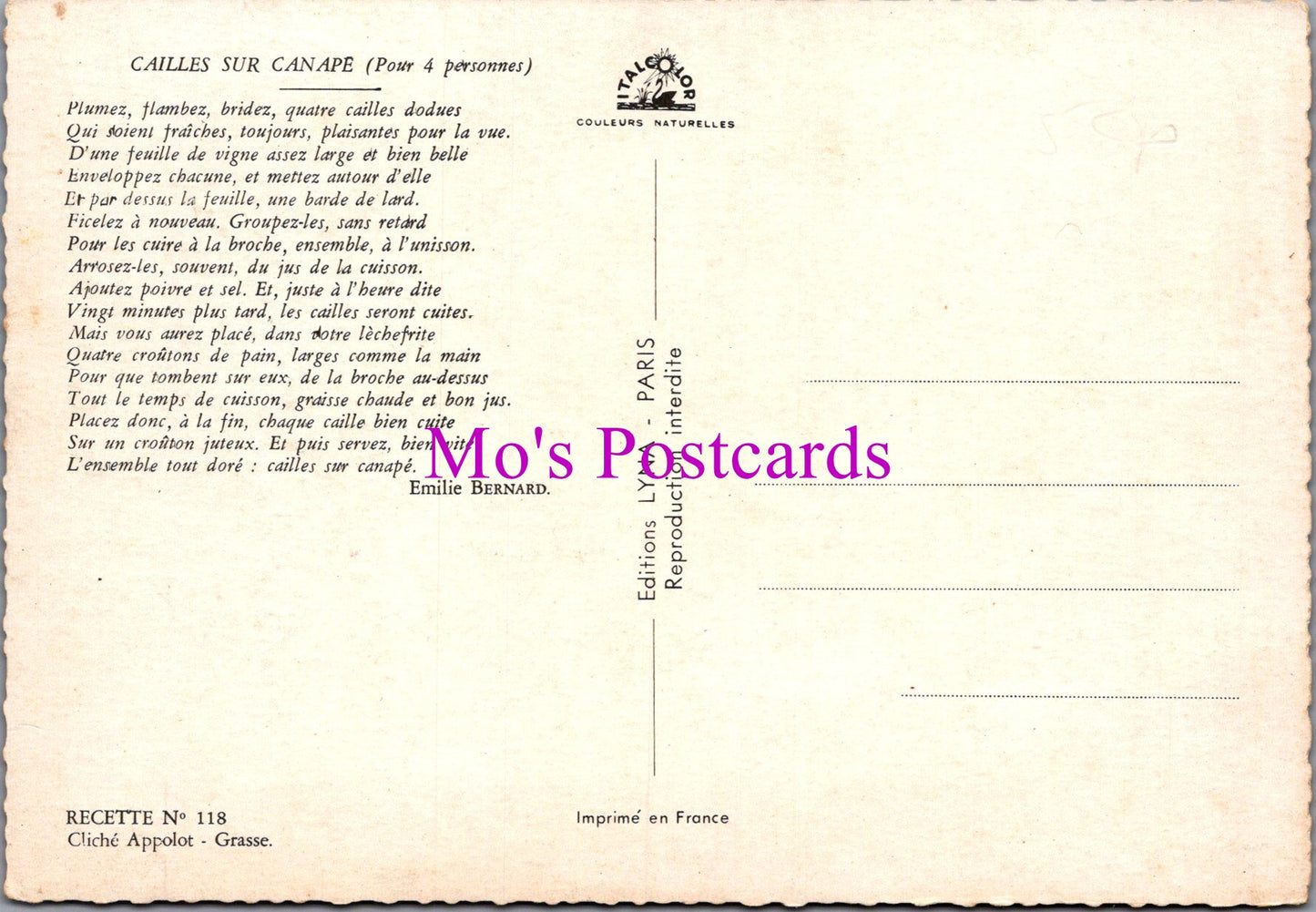 Food Postcard - Recipe, Cailles Sur Canape SW15208