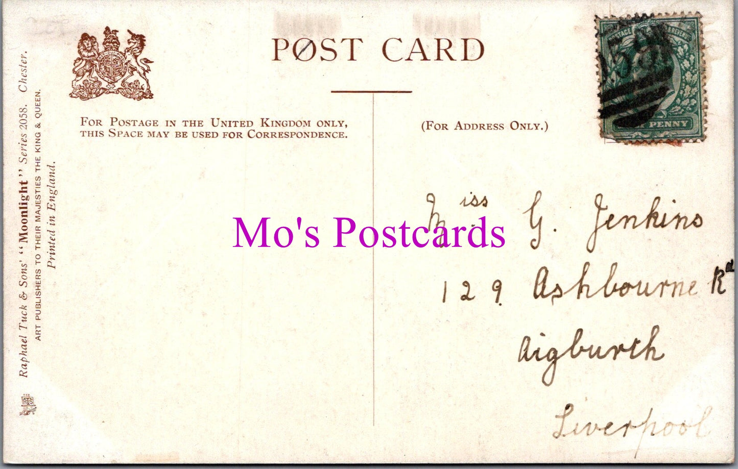 Vintage postcard with a stamp and handwritten address, labeled 'Mo's Postcards'.