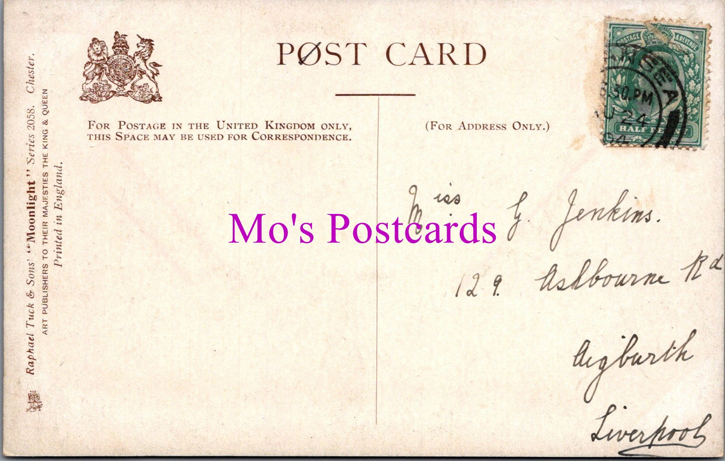 Vintage postcard with stamps and text, featuring 'Mo's Postcards' branding.