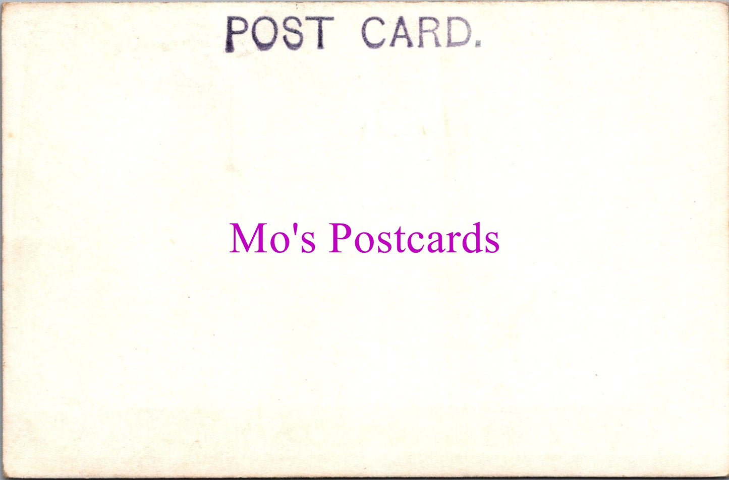 Back of a postcard with 'Mo's Postcards' text in purple.