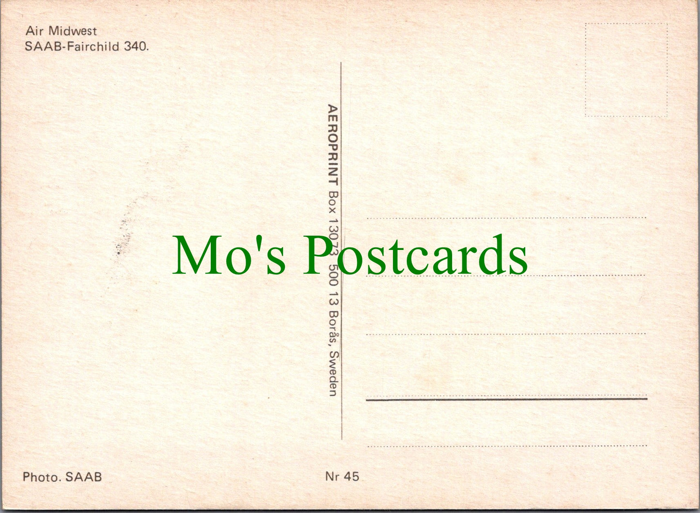 Aviation Postcard - Air Midwest SAAB Fairchild 340 Aeroplane SW13720