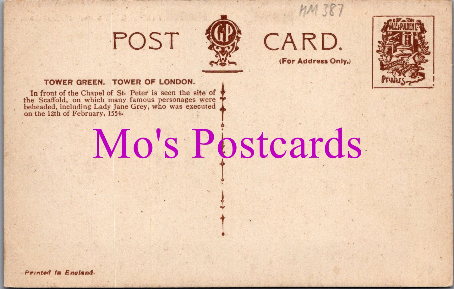 London Postcard - Tower of London, Site of The Scaffold HM387