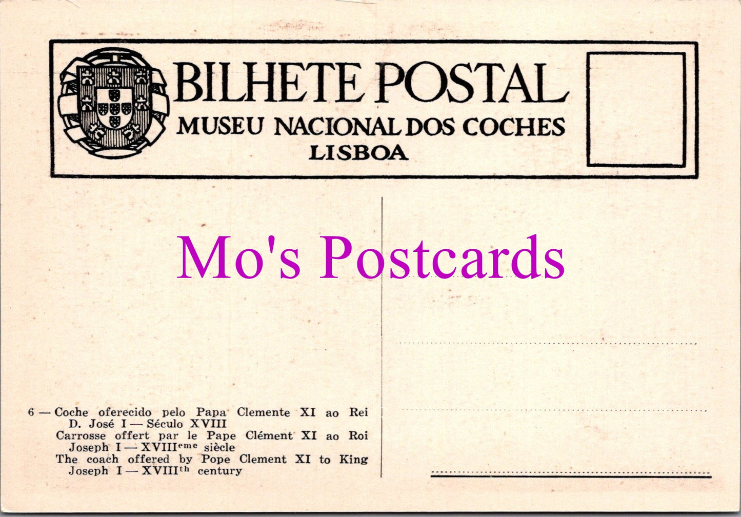 Portugal Postcard - National Coach Museum, Lisbon SW15262