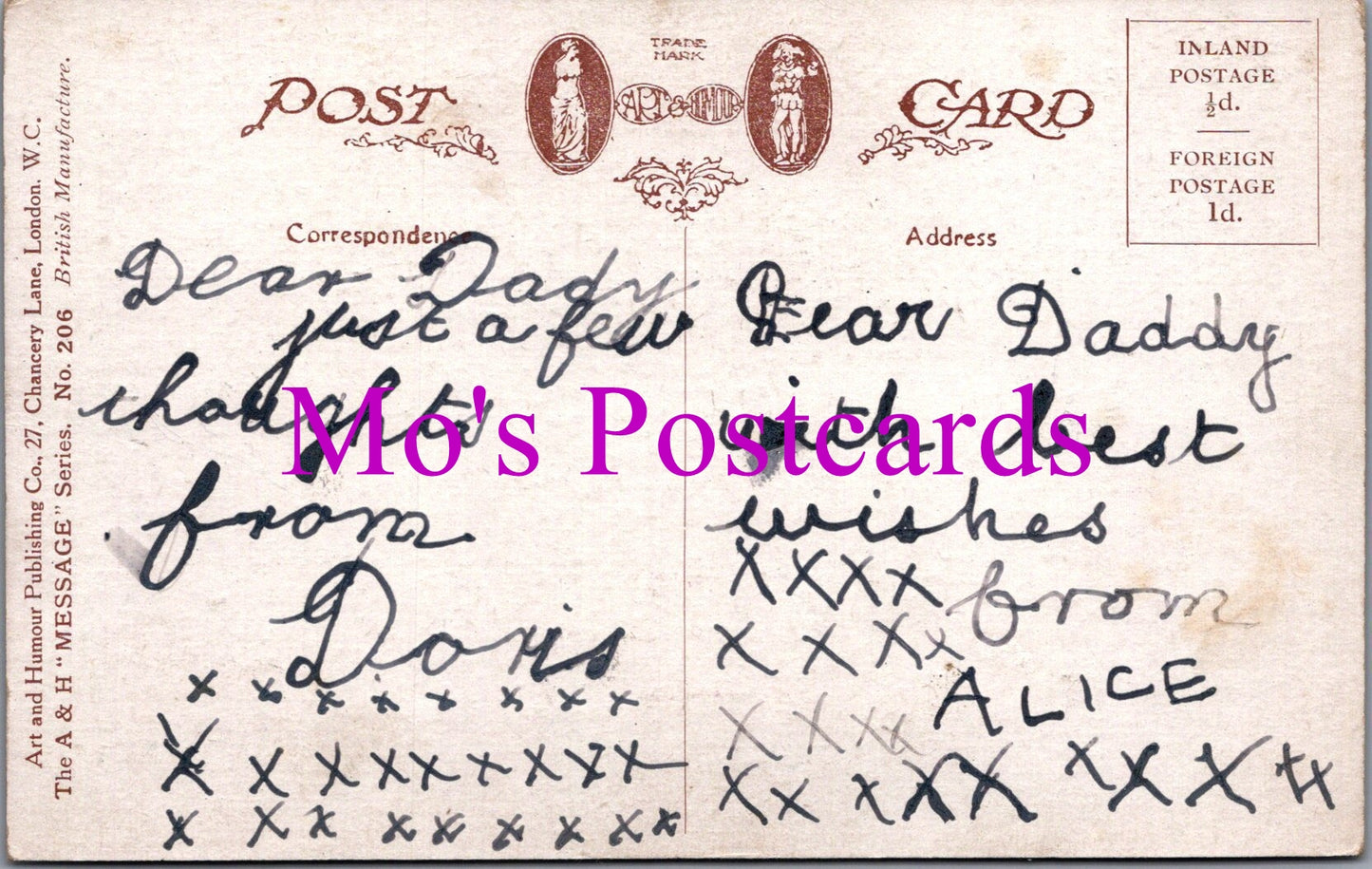 Greetings Postcard - To My Dear Daddy. Wartime Message DZ89