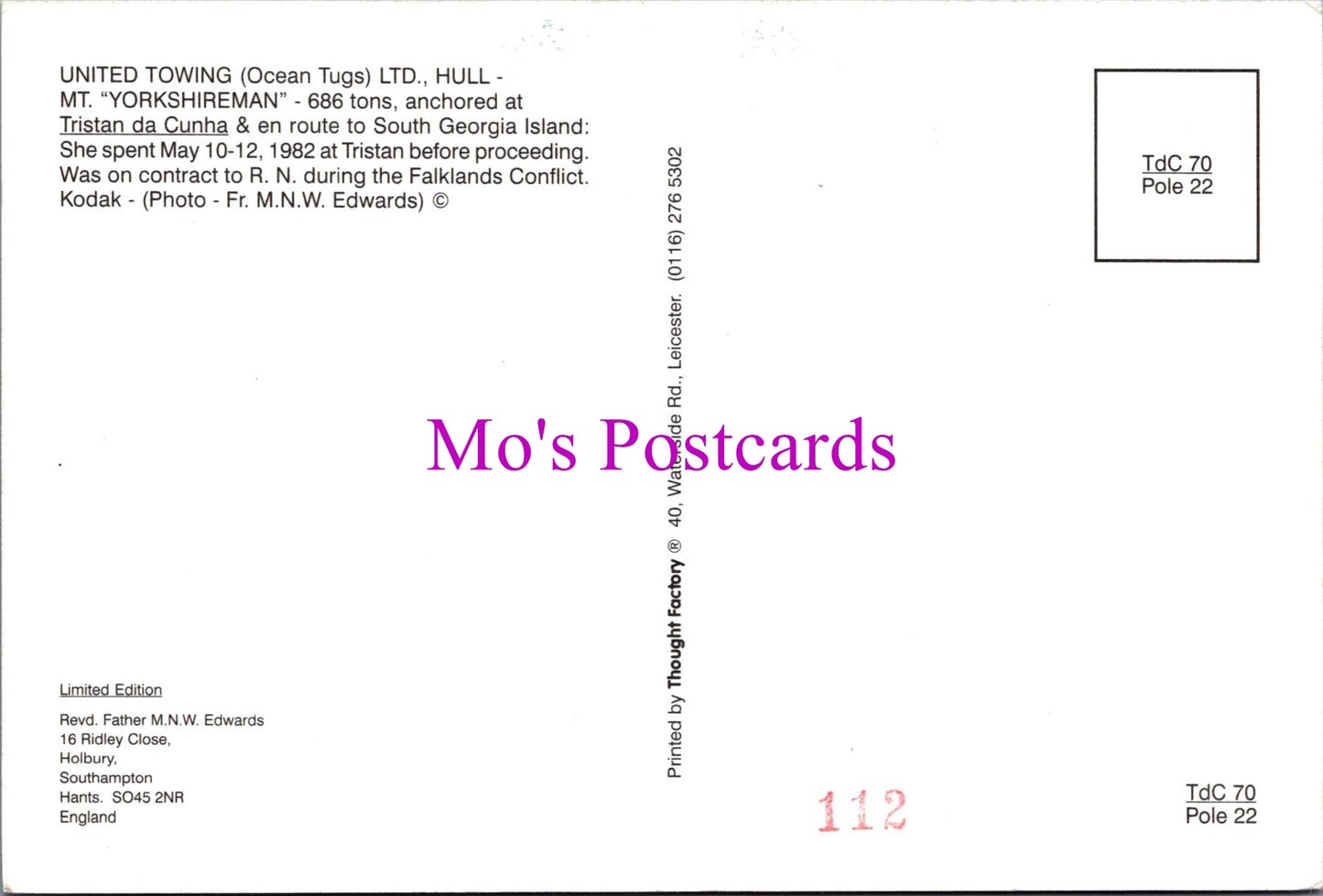 Shipping Postcard - M.T "Yorkshireman" United Towing Ltd SW15250