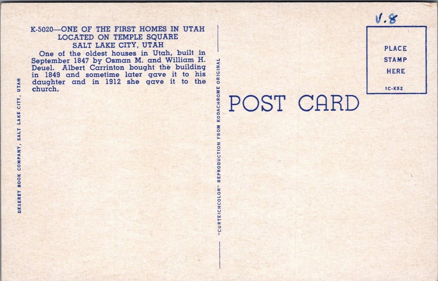 America Postcard - House on Temple Square, Salt Lake City, Utah SW16516