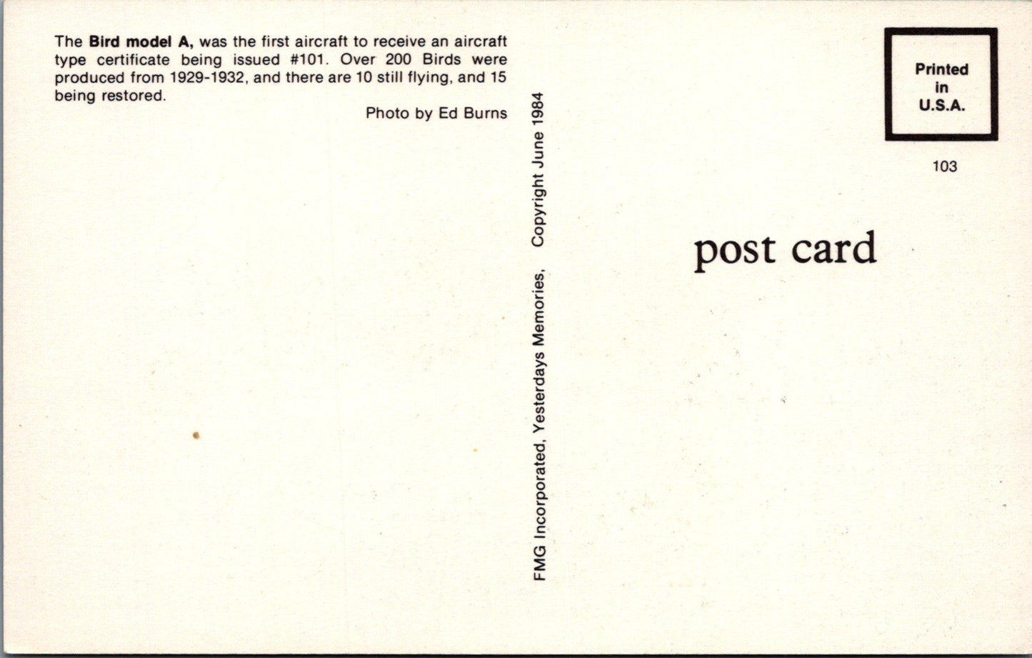 Aviation Postcard - The Bird Model A Aeroplane SW16530