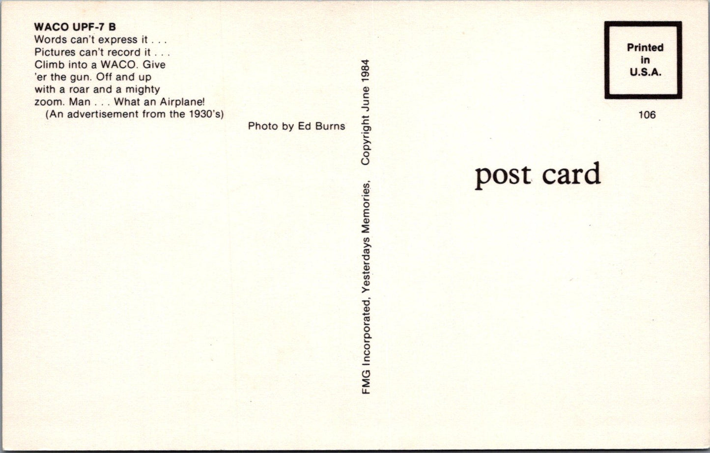 Aviation Postcard - Waco UPF-7 B Aeroplane SW16533
