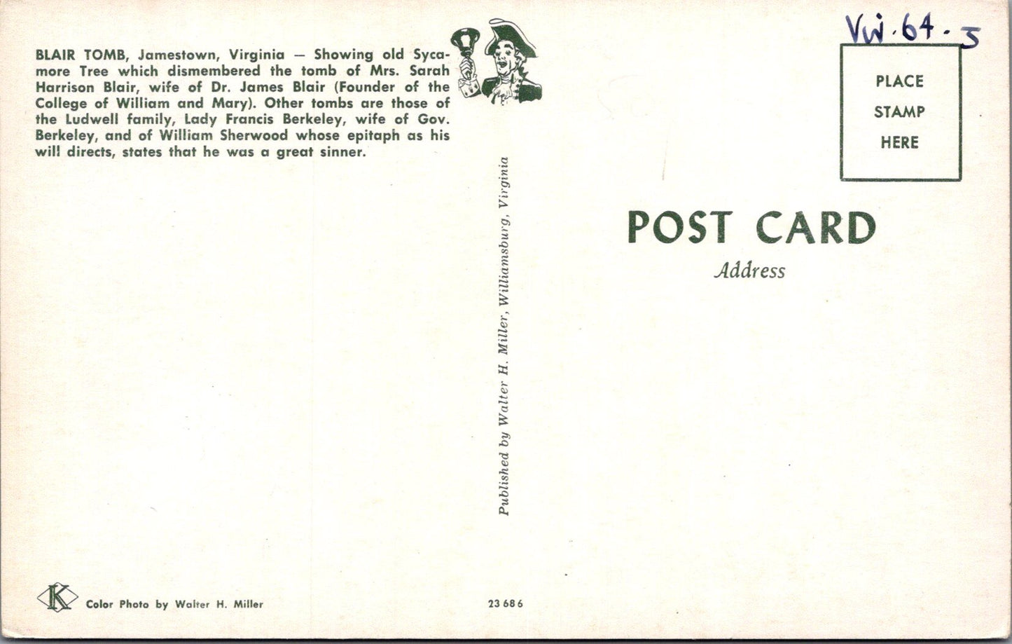 America Postcard - Blair Tomb, Jamestown, Virginia SW16550