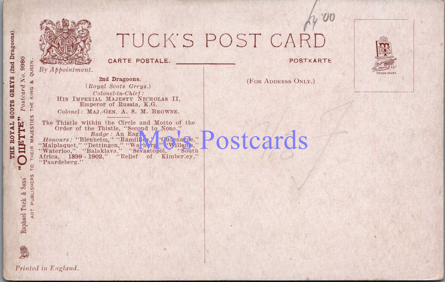 Military Postcard - The Royal Scots Greys 2nd Dragoons DZ103