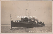 Load image into Gallery viewer, Vintage black and white photograph of a ship labeled 'H.M.S. Flying Fish' on a postcard.