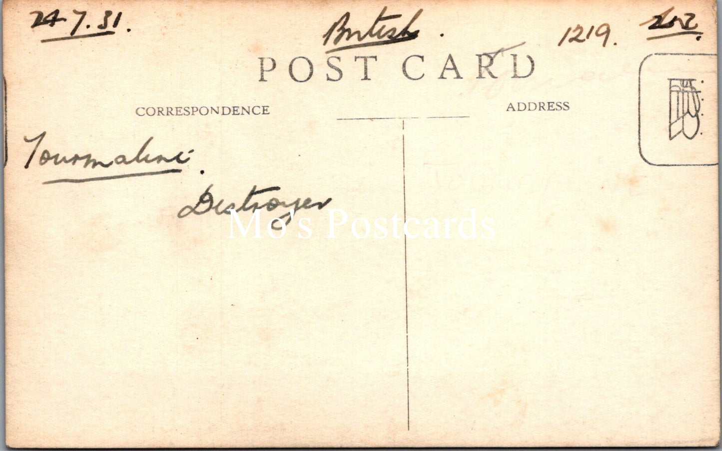 Naval Shipping Postcard - HMS Tourmaline, S-Class Destroyer SW16808