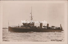 Load image into Gallery viewer, Vintage black and white postcard of a ship named 'HMS Thorn'