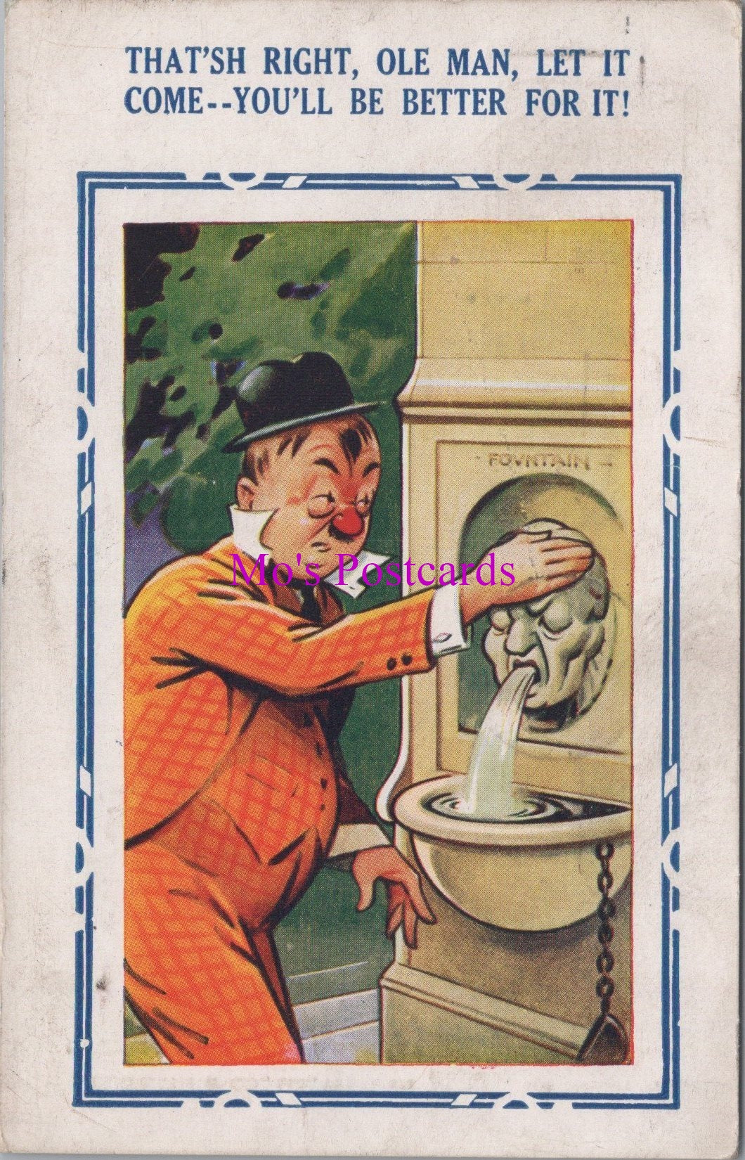 Comic Postcard - Water Fountain, Sick, Drunk Man SW14609