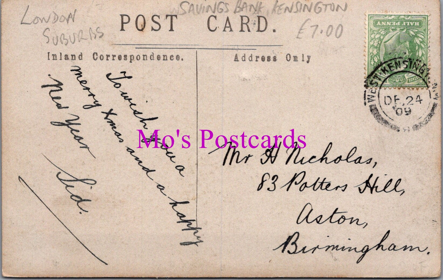 London Postcard - Savings Bank, Kensington SW14632