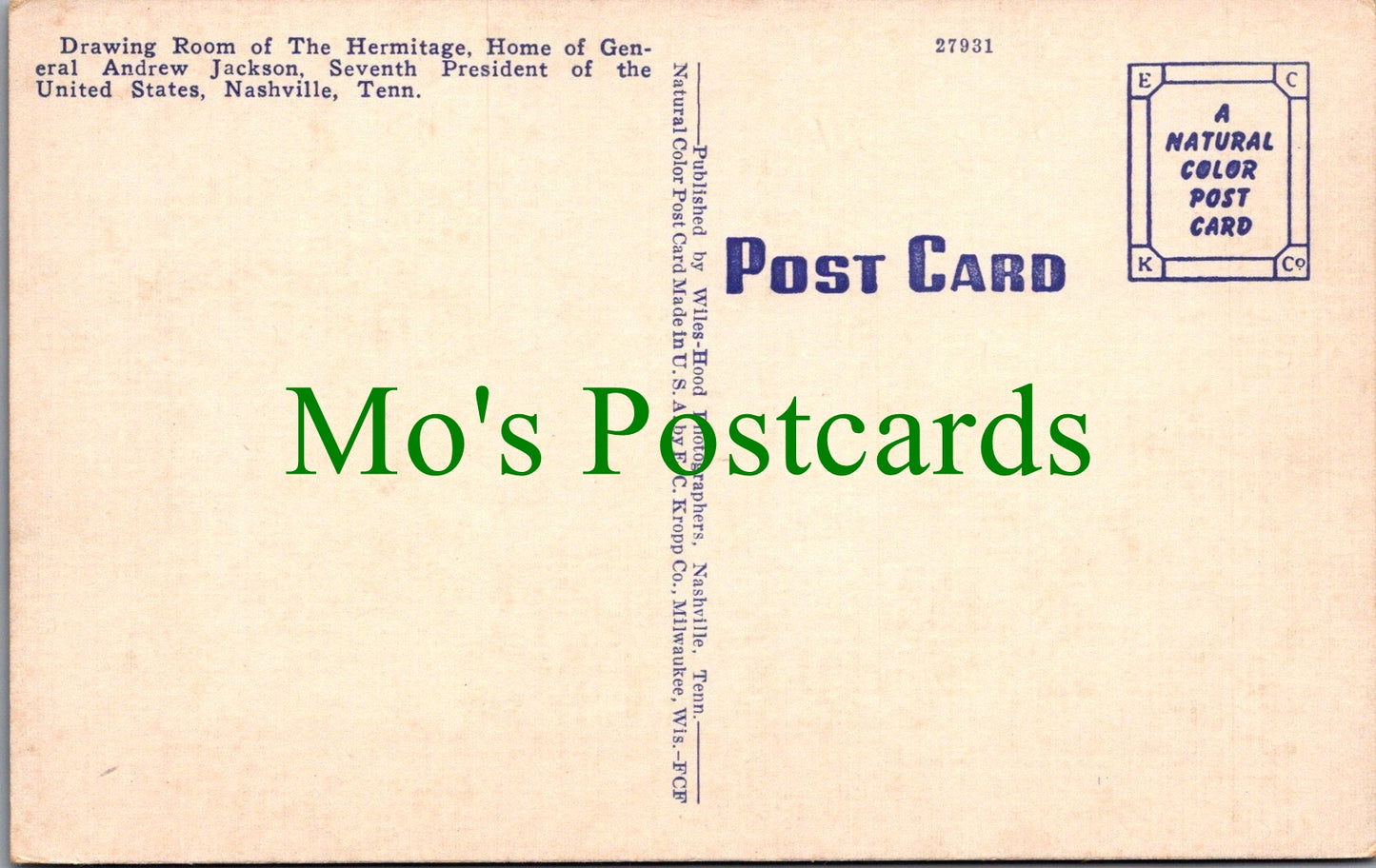America Postcard - Home of General Andrew Jackson, Nashville SW13606