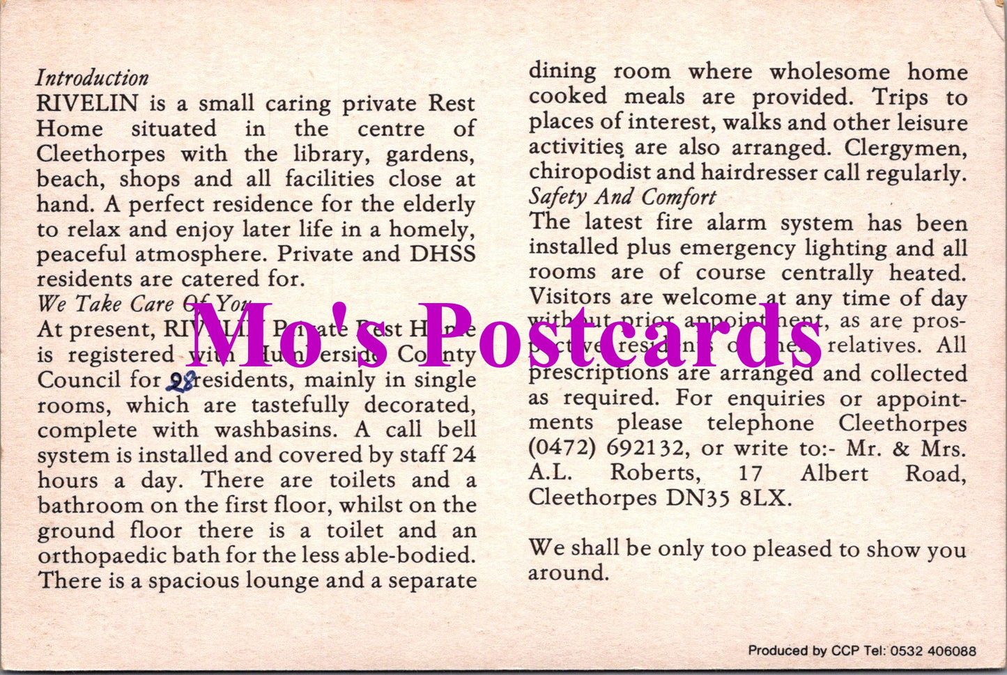 Lincolnshire Card - Rivelin Rest Home, 17 Albert Road, Cleethorpes SW15012
