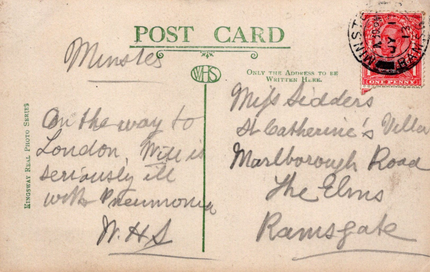 Vintage postcard with handwritten text and a red stamp on a beige background