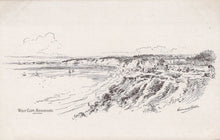 Load image into Gallery viewer, Black and white line drawing of a coastal landscape with cliffs and a beach.