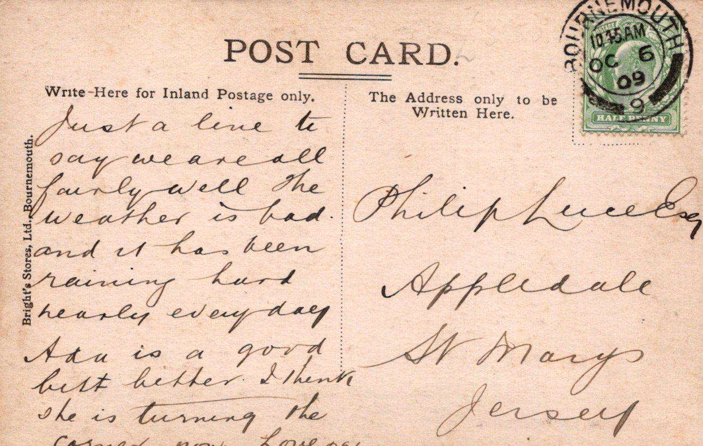 Vintage postcard with handwritten text and a stamp, featuring the address 'Appledale St Mary Jersey'.