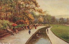 Load image into Gallery viewer, Painting of a park scene with people walking along a path by a pond.