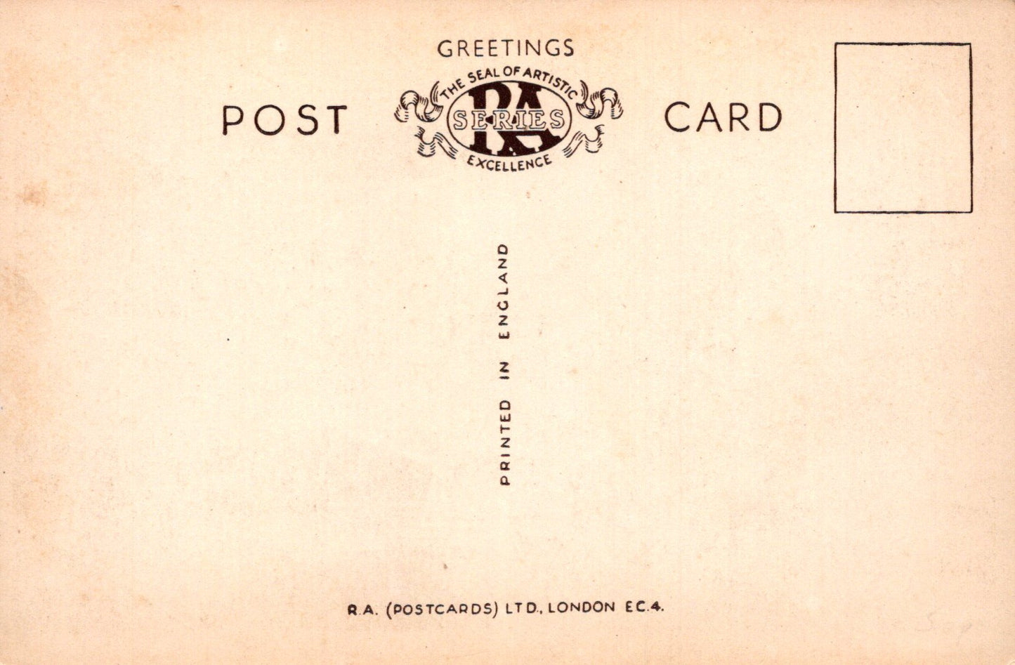 Vintage postcard with 'RA' logo and text on a beige background