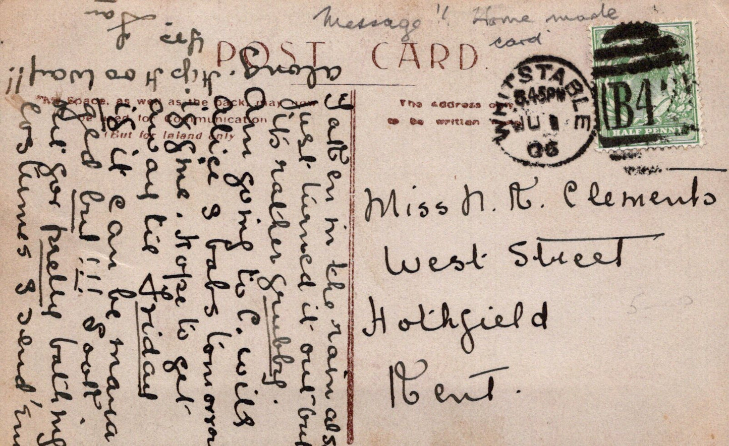 Vintage postcard with handwritten text and stamps, featuring a scenic view.