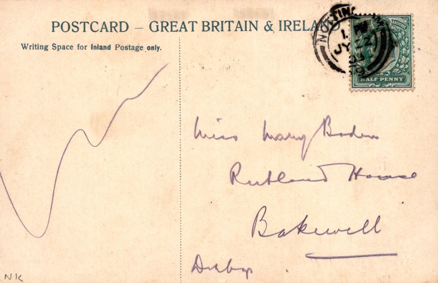 Vintage postcard from Great Britain & Ireland with a stamp and handwritten text.