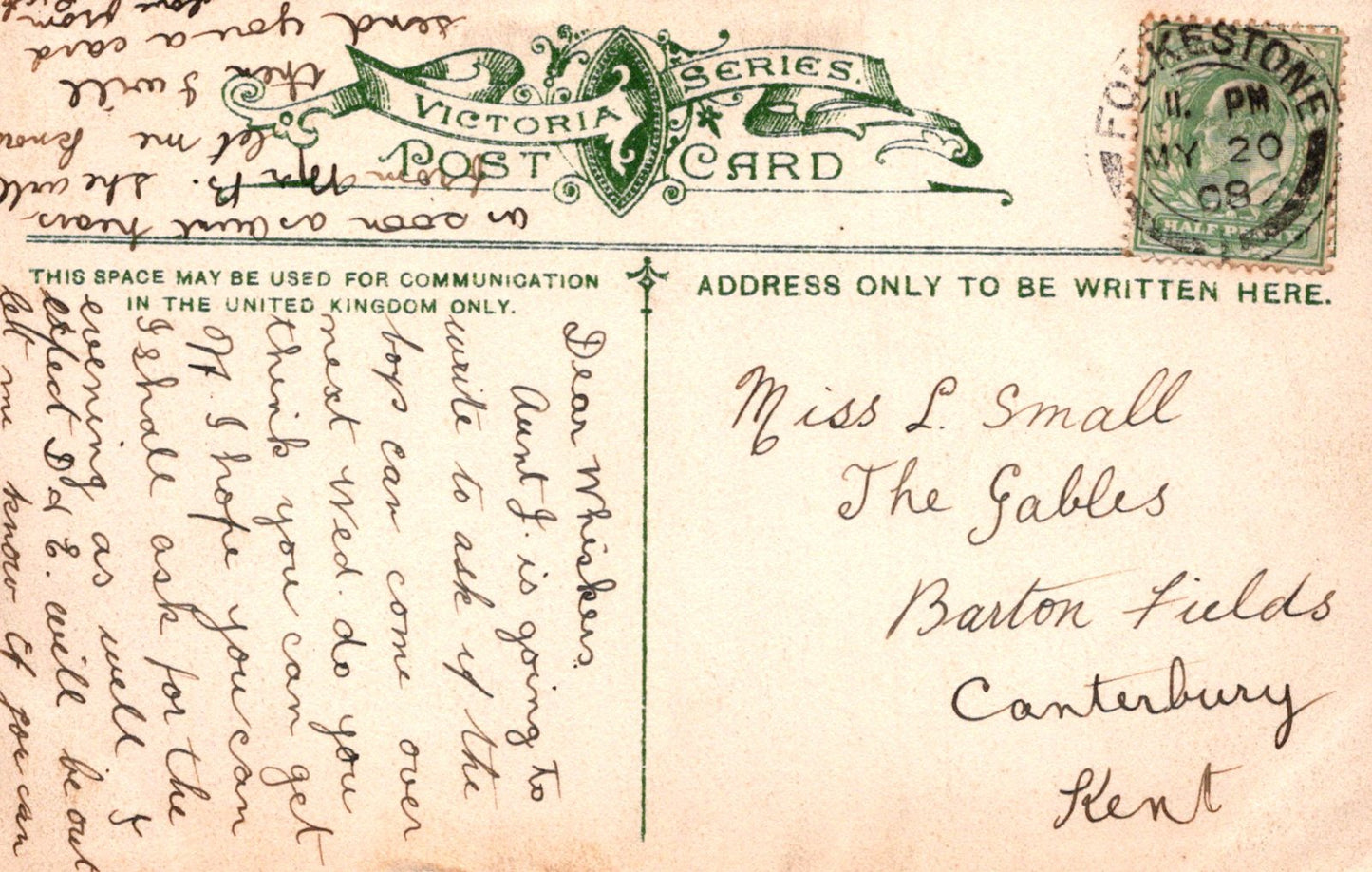 Vintage Victoria Post Card with text and stamp