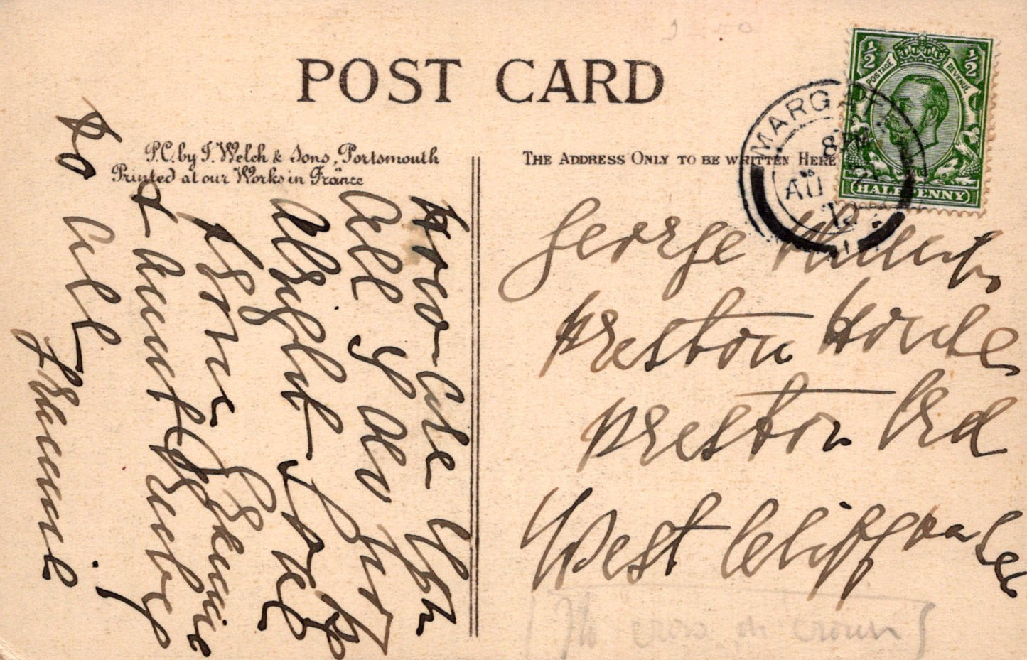 Vintage postcard with handwritten text and a stamp, featuring a green stamp on the top right corner.
