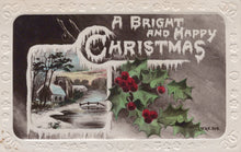 Load image into Gallery viewer, Vintage Christmas card with icy landscape and holly, featuring 'A Bright and Happy Christmas' text.