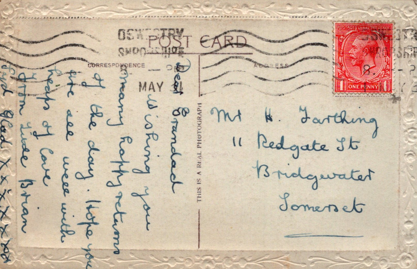 Vintage postcard with handwritten text and a red stamp, featuring the address 'Mt H. Farthing, 11 Redgate St, Bridgwater, Somerset'.
