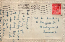 Load image into Gallery viewer, Vintage postcard with handwritten text and a red stamp, featuring the address 'Mt H. Farthing, 11 Redgate St, Bridgwater, Somerset'.