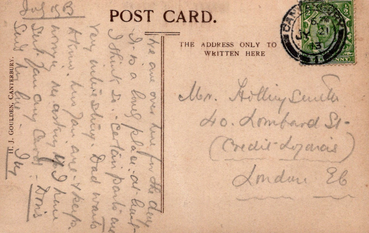 Vintage postcard with handwritten text and a stamp, featuring a brown background.