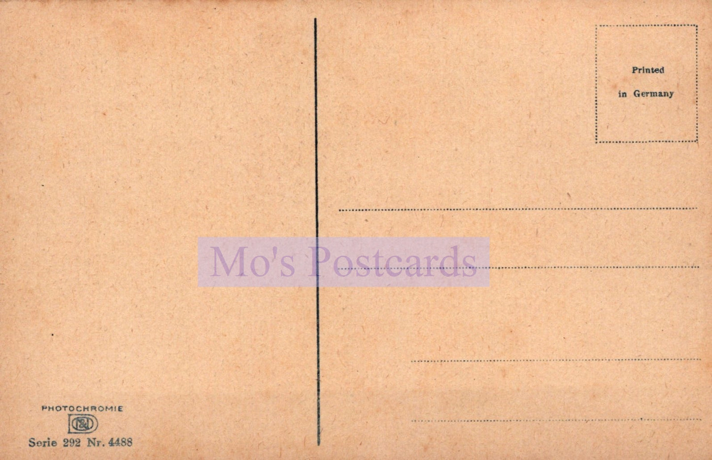 Back of a postcard with text and a line for writing, branded 'Mo's Postcards'.