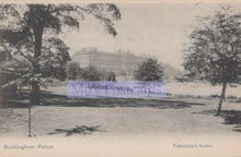 Load image into Gallery viewer, Vintage postcard of Buckingham Palace with trees and a lake